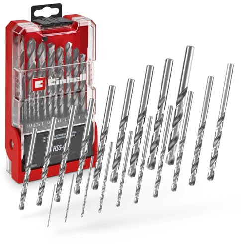 Original Einhell Jeu de 19 forets à métaux HSS-G (acier HSS 4241, poli miroir, pointe Split-Point 135°, hélice fraisée type N, queue ronde y compris cassette de rangement)