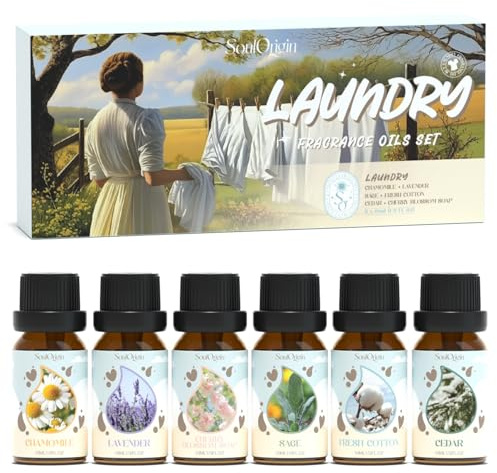 SoulOrigin Wäscherei Ätherisches Öl Set, Duftöl Set für Öl Diffuser, Duftöle für Seifen Kerzen Herstellung 6x10ml Kamille, frische Baumwolle, Lavendel und Kirschblüten Seife
