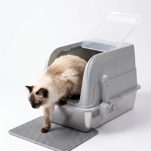 H&A PETCARE Stainless Steel Cat Litter Tray XL | Metal Cat Litter Tray With Lid | Enclosed Litter Box With Mat, Non Slip Pad and Litter Scoop.