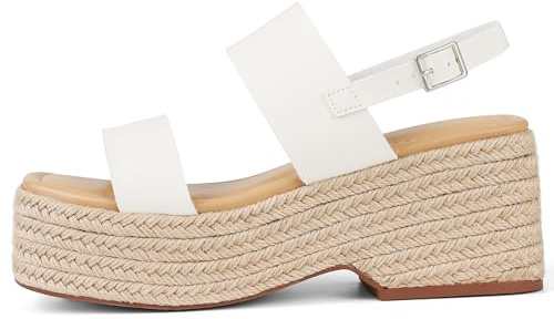 EQAUDES Women's Platform Sandals Summer Wedge Espadrilles Comfortable White Beach Raffia Sandal Cute Straw Woven Vacation Sandals Dressy Buckle Ankle Strap Shoes