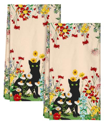 Miss Adola Tea Towels Set of 2-18x26 Cotton Kitchen Towels with Hanging Loop Floursack Dish Cloths Cute Funny Reusable Hand Towel for Housewarming Kitchen Decor, Flower Cats