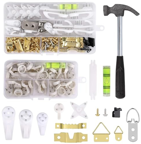 Ganchos de Pared para Colgar Cuadros, 107 Piezas Ganchos Marco de Fotos para Colgar Cuadros Fotográficos en la Oficina en Casa, con Tornillos Caja Plastica y Martillo