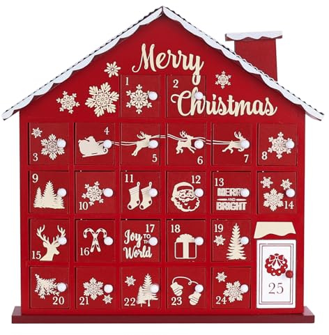 MEETYAMOR Christmas Advent Calendar, Wooden House 2025 Advent Calendar with 25 Large Drawers, 25 Days Until to Christmas Countdown for Home Indoor Living Room Table Mantel Decor, Red
