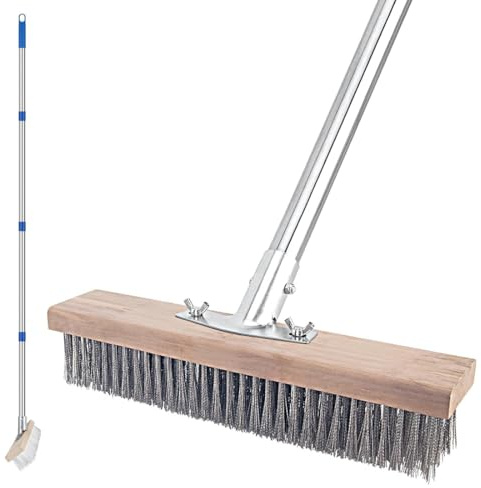 Balai métallique avec manche télescopique (160 cm), brosse métallique robuste à poils métalliques pour nettoyer le jardin, la terrasse, le sol, la cour, peut enlever la mousse de mauvaises herbes et