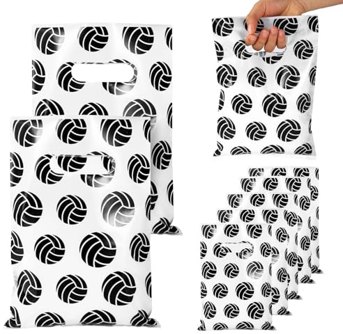 50 Pz Sacchetti Regalo a Tema Pallavolo, 25x17 cm in Plastica per Snack e Caramelle con Manici per Feste a Tema Pallavolo (Bianco)