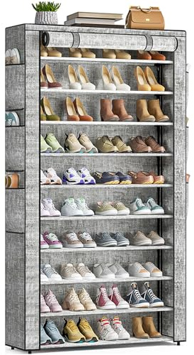 OYREL 10 Tier Shoe Rack Cabinet with Dustproof Cover for 50-56 Pairs Shoes | Space Saving Shoe Stand Shelf, Large Shoe Storage Organiser Metal Frame for Inside Wardrobe, Living Room, Hallway, Entryway