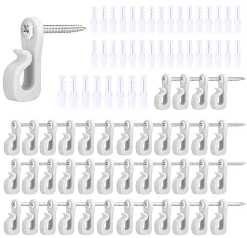 40 Pack Screw in Hooks Q-Hanger White with Safety Buckle, Christmas Light Hooks Outdoor and Indoor Garland Hanger for Hanging Fairy Lights Plants, Fence Hook for Decorations Garage Porch and Home Use