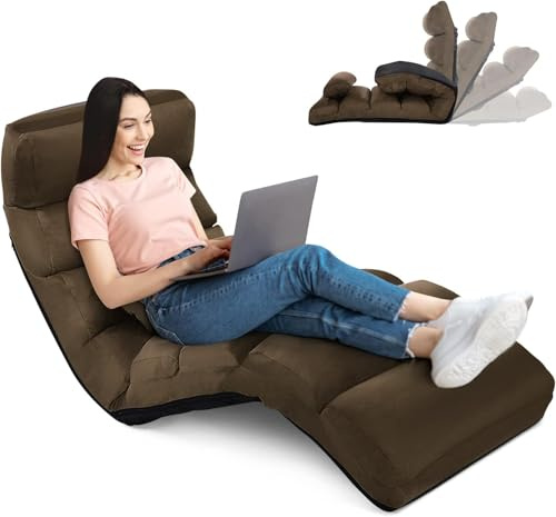 RELAX4LIFE Relaxliege, Bodenliege 5-Fach Einstellbar, Bodenstuhl Faltbar, Relaxsessel mit Kissen, Liegesessel mit Schlaffunktion, bis 120kg belastbar, Klappsessel für Lesen & Schlafen (Braun)