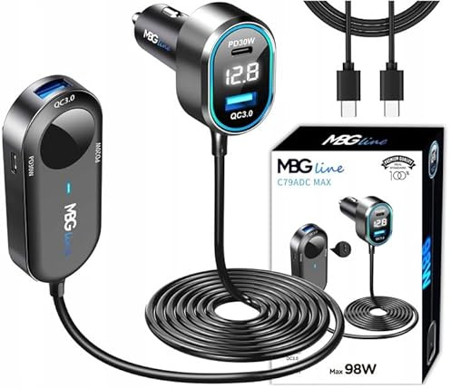 USB Kfz Ladegerät Verteiler 98W - 5 Anschlüsse | Schneller USB Auto Ladeadapter mit 1,5m Kabel & LED | 12V/24V Zigarettenanzünder Multiport