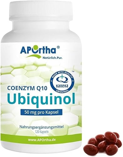 APOrtha Kaneka Ubiquinol Coenzym Q10 50 mg 120 Kapseln, Premium CoQ10 hochdosiert 50mg für 2 Monate, Hohe Bioverfügbarkeit durch bioaktives Ubiquinol, 2-fach Patentierter Rohstoff