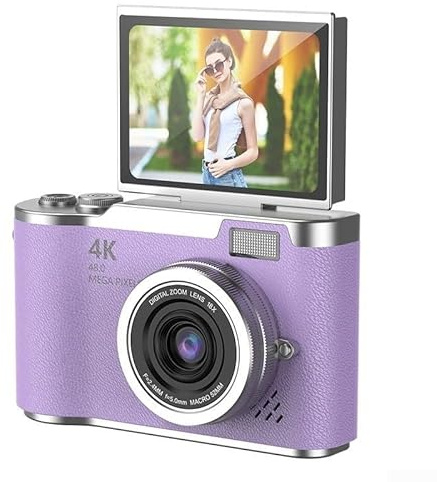 Cámara digital CCD 4K para estudiantes, cámara digital compacta de 48 MP, pantalla plegable de alta definición de 2,4 pulgadas para principiantes (púrpura)