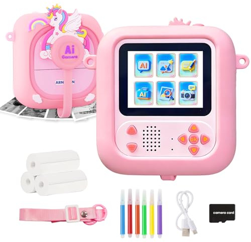 ARNSSIEN IA Cámara Infantil Inteligente, Camara Fotos Infantil Instantanea,vídeo 1080p, IA, Bluetooth, Pantalla 2,4 y WiFi. Regalo Ideal para niños 3-12 años y Viajes，AI02