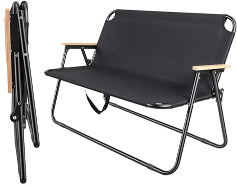 Tuelaly Outdoor-Klappbank, leichte Campingbänke für 2 Personen, Holzarmlehnen und Metallrahmen, 2-Sitzer-Bank für Balkon, Veranda, Terrasse, Hof, Campingplatz Schwarz