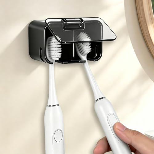 DoocliB Zahnbürstenhalter Wand Ohne Bohren mit Abdeckung, für 2 Köpfe | Selbstklebender Electric Toothbrush Holder, Elektrische Zahnbürste Halterung mit Abdeckung für Badezimmer, Küche, Reisen