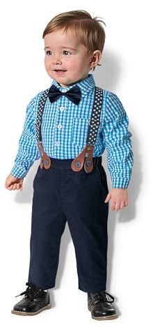 Yilaku Baby Jungen Kleidung Kinder Anzug Säugling Baby Jungen Kleidung Hosen und Hemd Set + Hosenträger Fliege 4Pcs Tauf-Outfits für Kleinkinder, blau, 18-24 Monate
