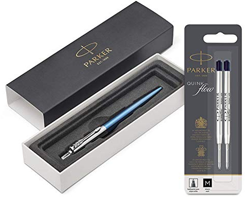 Parker Jotter Waterloo Blue C.C. - Kugelschreiber + Parker 1950372 Quinkflow Nachfüllmine für Kugelschreiber mit mittlerer Spitze, 2er Packung, schwarz
