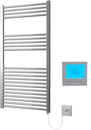 Greened House Chrome Electric Heated Towel Rail 600mm W x 1200mm H + Timer | Includes 7 Day Timer/Thermostat, Flat, Bathroom, Straight, Towel Warmer