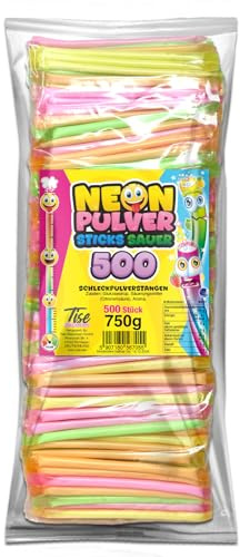 Tise Süsswaren Neon Pulversticks Karneval Fasching Wurfmaterial Brause Pulver Stangen Schleckpulver, 500 Stück (750g)