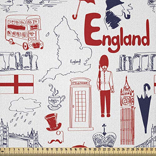 ABAKUHAUS London Stoff als Meterware, Britische Kultur skizzieren, Microfaser Stoff für Dekoratives Basteln, 1M (230x100cm), Zinnoberrot Dunkelblau Weiß