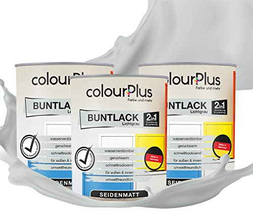 colourPlus 2in1 Buntlack Seidenmatt (2,25L Lichtgrau/Grau RAL 7035) – Wetterfeste Holzfarbe Holzlack Küchenmöbellack. Getrocknet auch für Kinderspielzeug. Schnelltrocknend, Für Innen Außen