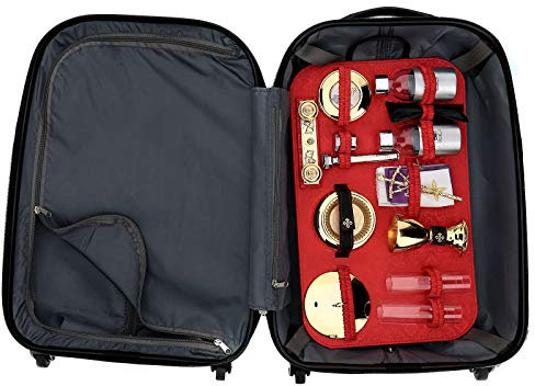 Messkoffer, Trolley, Inneneinteilung mit rotem Satin bezogen