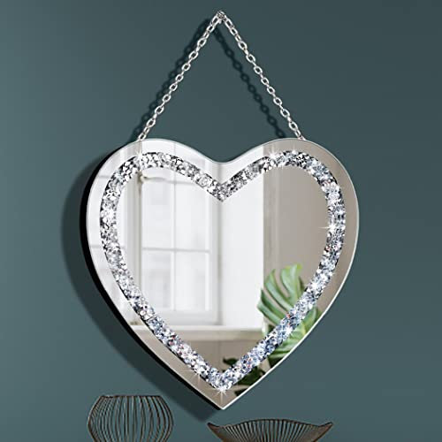 DMDFIRST Crystal Crush Diamond Heart Shaped Silver Mirror with Silver Stainless Steel Chain for Wall Decoration 12x12x0.5 inch Frameless Glam Mirror