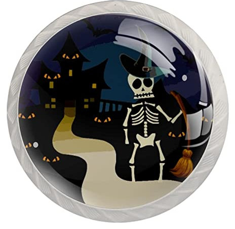 Set of 4 Round Dresser Knobs Drawer Knob 35mm Diameter Drawer Pulls Handles for Modern Cabinet Hardware Halloween Skull with Broom Castle