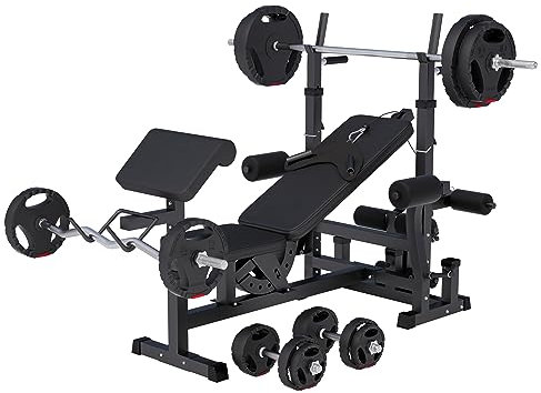 GORILLA SPORTS® Multifunktion Hantelbank - mit Hantelset 100kg, Hantelablage, Latzug, Dip-Station, Butterfly, Curlpult, Beincurler, Verstellbar, Schwarz/Weiß - Kraftstation, Trainingsbank