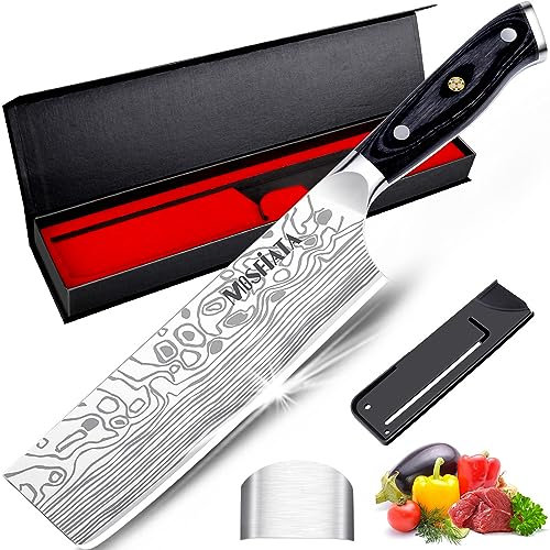 MOSFiATA Nakiri Knife 7inch, Professional Japanese Chef's Kitchen Knives, High Carbon German Stainless Steel Sharp Cooking Knife, Multipurpose Meat Vegetable Chopping Knife Set with Finger Guard Gift