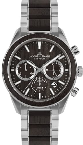 JACQUES LEMANS Herrenuhr, Eco Power Uhren Männer, Chronograph aus massivem Edelstahl mit Apfel-Leder Armband, Model 1-2115