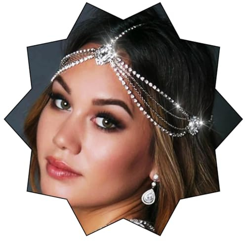IYOU Kristall Braut Kopfkette Geschichtet Braut Kopfbedeckung Quaste Strass Stirnband Kopfschmuck Festival Hochzeit Haarschmuck für Damen(Silber)