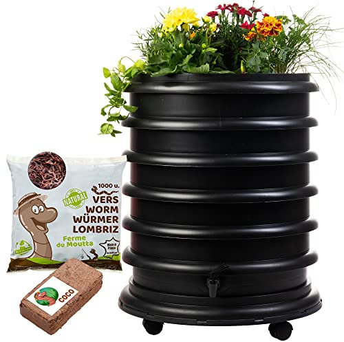 WORMbox | Vermicompostaggio 4 Vassoi Nero + Fioriera per piante + 500g di Vermi Lombrichi / 1000 pz. + 1 Cocco | 64 Litri | Compost di Rifiuti Organici Compostiera Vermifuga Lombricompostiera
