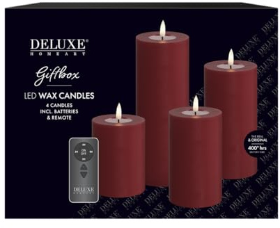 Deluxe Homeart Flammenlose LED-Geschenkbox für den Innenbereich, 4er-Set, mit Fernbedienung und Batterien, Real Flame™-Technologie, batteriebetriebene Kerzen (Bordeauxrot)
