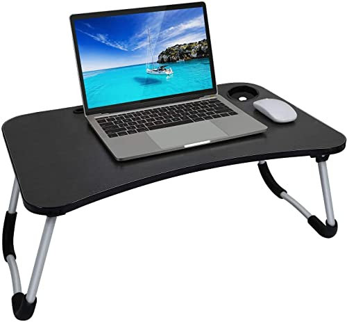 Afunti Laptop Betttisch, Tragbarer Holztisch für Laptop, Faltbar mit Getränkehalter, Multifunktional für Bett, Sofa, Schreiben, Essen (60 x 40 cm), Schwarz