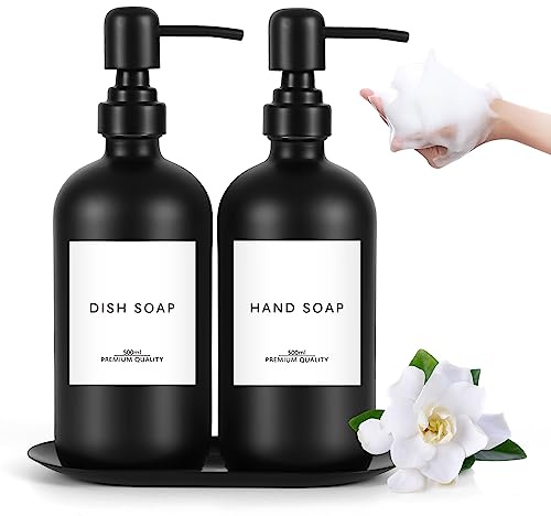 Lannvan Seifenspender Glas Set, 500ml Seifenspender Schwarz Matt Badezimmer Set mit Tablett, Spender Pumpkopf Edelstahl,Handseifenspender für Küche mit 8 Wasserdichten Etiketten