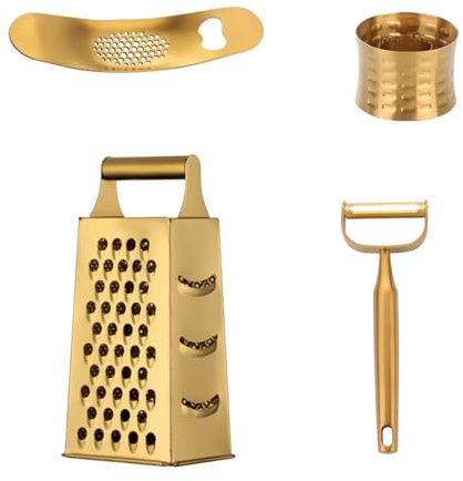 Hochwertiger Gold Reibe Knoblauchpresse edelstahl Schäler Vierkantreibe edelstahl Maisschäler-4-teiliges Set Praktisches Küche Zubehör