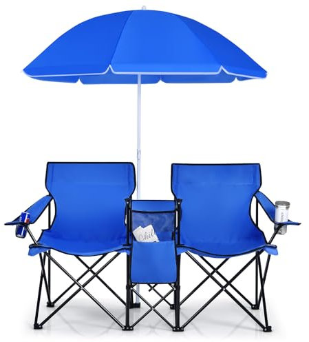 COSTWAY 2-Sitzer Campingstuhl mit Sonnenschirm, Kühltasche, Getränkehalter & Seitentasche, klappbarer Angelstuhl mit Tragetasche, Faltstuhl, Klappstuhl für Camping, Angeln, Picknick (Tiefblau)