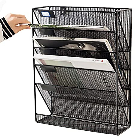 Wand-Ordner-Halter – 5 Fächer, Netz-Wand-Aktenhalter, Aktenregal, Wand-Organizer für Aktenbücher, A4-Papiere, Schwarz