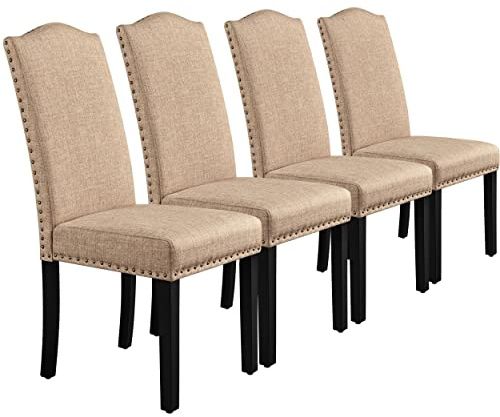 Yaheetech Esszimmerstühle 4er Set Küchenstuhl mit Hoher Rückenlehne, Khaki | Polsterstuhl bis 136 kg Belastbar, gepolsterte Sitzfläche aus Leinen, Beine aus Massivholz, für Küche und Esszimmer