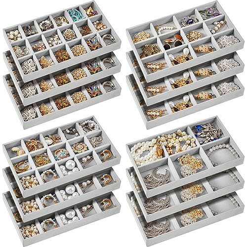 Junkin 12 Pcs Jewelry Tray Velvet Stackable Jewelry Organizer Trays Divided Earring Accessories Storage Containers Box(Gray)