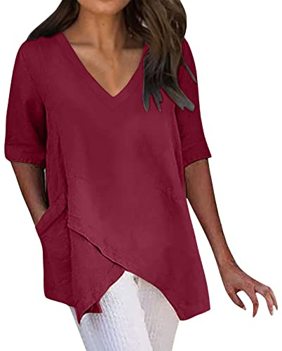 FNKDOR Chemisiers Femme Couleur Unie Chemisier Décontractée à Manches 3/4 Chic Col V Haut Top Ourlet Irrégulier Tunique Blouse en Lin Grande Taille Lâché Tee Shirt avec Poches(A Vin,3XL)