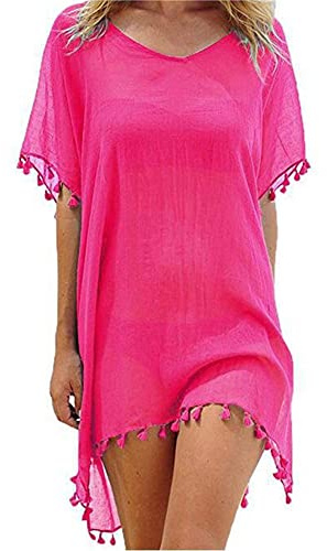 Edhomenn Women Chiffon Beachwear Tassel Bikini Cover Up Short Beach Dress Solid See-Through Swimsuit Summer Casual Swimwear