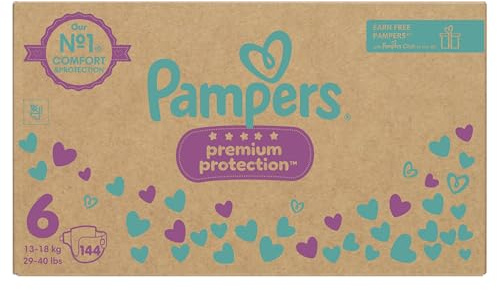 Pampers Premium Protection Size 6, 144 Baby Nappies, 13kg-18kg, Monthly Pack, Pampers Harmonie Aqua Baby Wipes 1 Pack of 10 Wipes