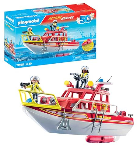 Playmobil 71598 Bateau de Sauvetage et Pompiers - Action Heroes - Comprend Un Personnage, Un Bateau Flottant avec Toit Amovible Ainsi Que des Accessoires - Dès 4 Ans