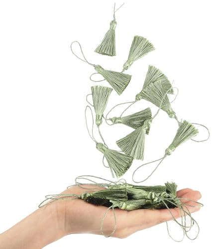BEL AVENIR 50 mini nappe per segnalibri, 9,5 cm, realizzate a mano, in seta, con passante per cordoncino da 5,5 cm, piccole nappe colorate per accessori artigianali, etichette (verde)
