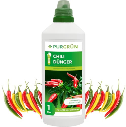 Purgrün® Bio-Chilidünger 1 Liter – Erhöht den Ernteertrag – Extra Kalium für knackige Chilis – Schnelles, gesundes Wachstum – Ohne tierische Inhaltsstoffe – Konzentrat für 100 Liter Gießwasser