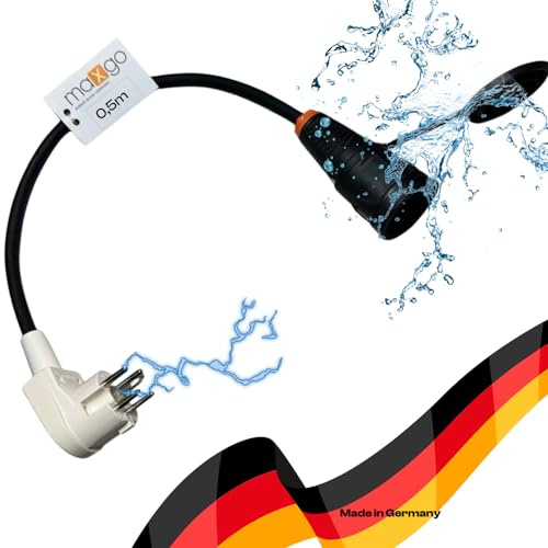 Adapter-Kabel Starkstrom Leitung Perilex Winkelstecker 16A auf Schuko-Kupplung von PCE H07RN-F 3G2,5 mm² Gummischlauchleitung Camping 0,5m Made in Germany schwarz