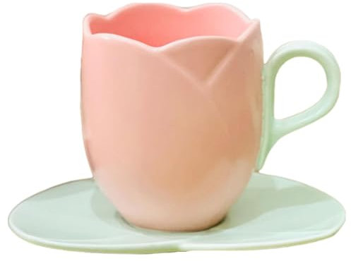 Keramik-tulpan-kaffekopp med underkopp-set, 3D-blommor-tulpan-kaffe-mjölk-te, söt handgjord kopp med bekväm handtag för hemmakontor (280ml-rosa)