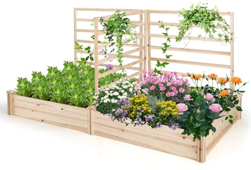 RELAX4LIFE Fioriera da Esterno, Orto Rialzato con 3 Spalliera e 2 Cassoni, Base Aperta, Fioriera in Legno di Abete per Fiori e Piante Rampicanti per Balcone/Giardino (222x114x110cm, Naturale)