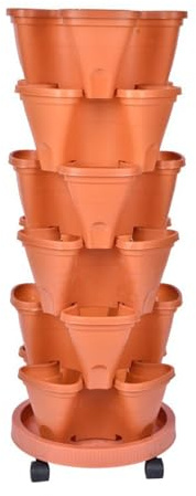 MISNOde Macetero Apilable de 6 Niveles Con Base Móvil - Vertical de Jardín para Flores, Fresas Y Verduras - Interior Y Exterior, Puerta Delantera (Marrón)